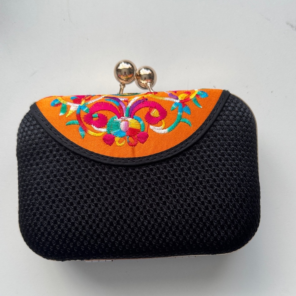 Elegant Black and Orange Embroidered Clutch
